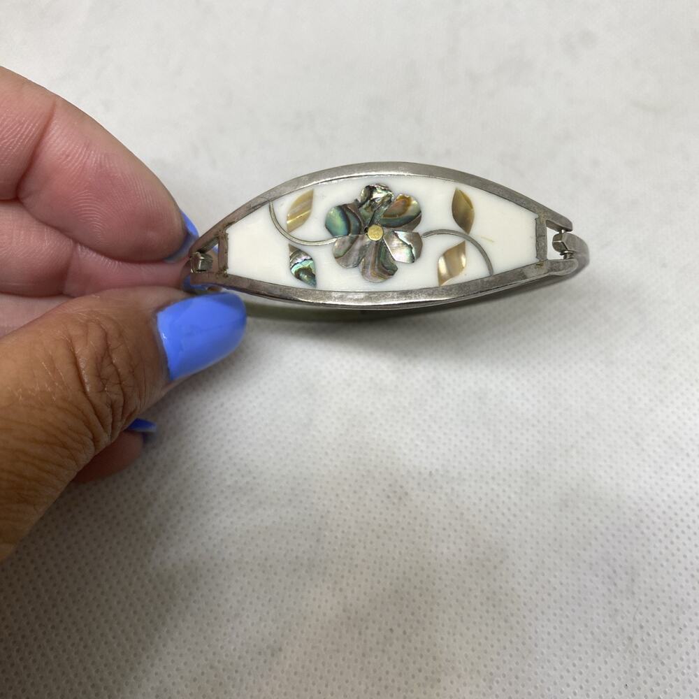 Vintage Silver Bracelet Alpaca Mexico White Floral Hinged Inlay Abalone